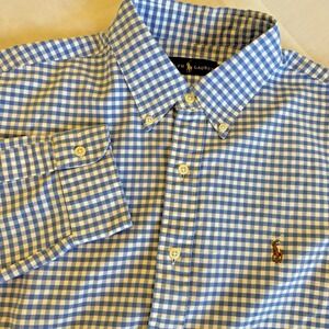 Ralph Lauren Men Lg Blue White Gingham Check Plaid Long Sleeve Button Down Shirt